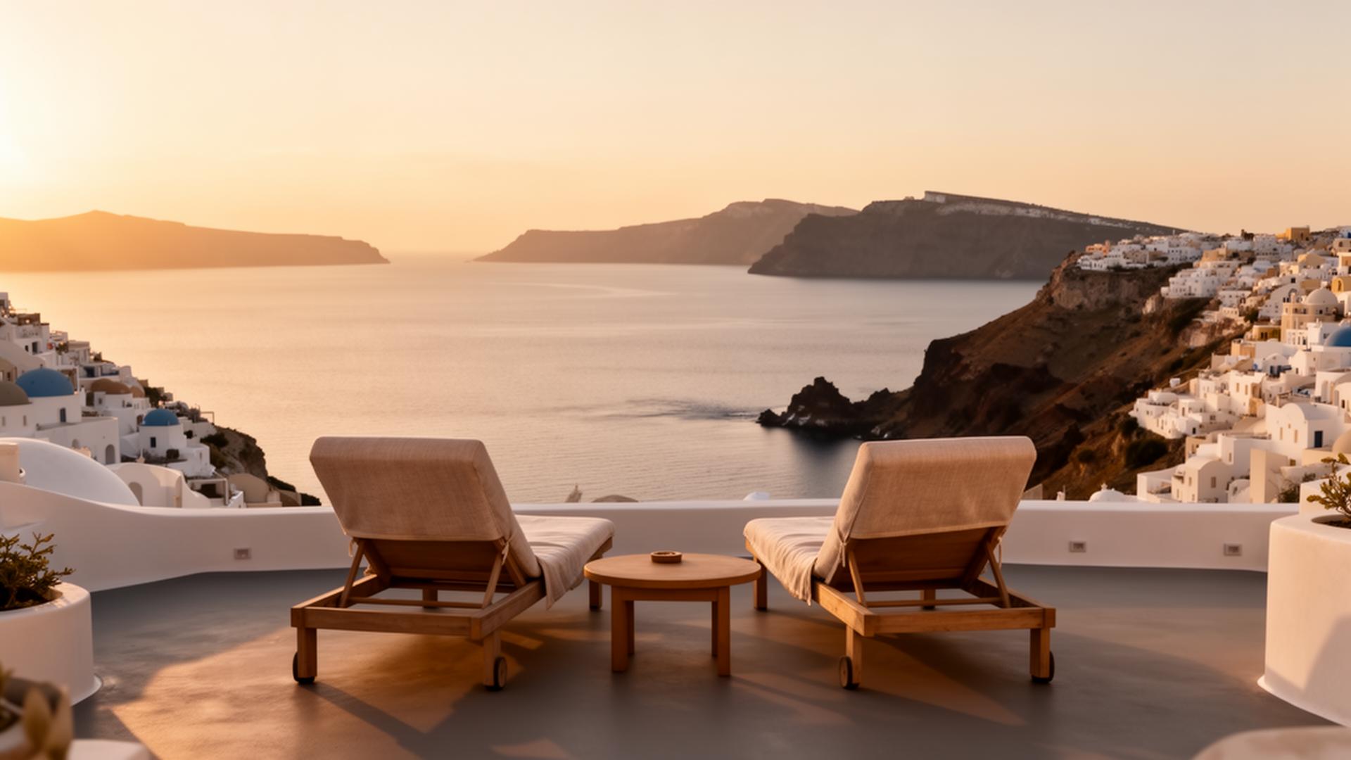 Terraza en Santorini al atardecer